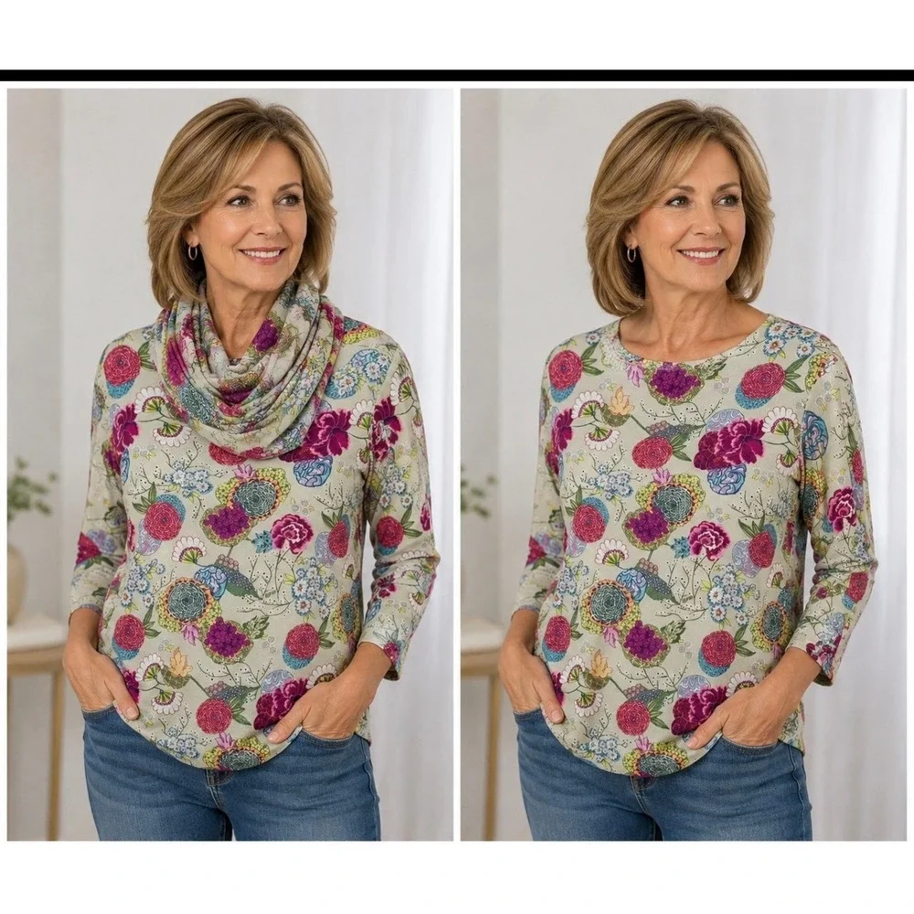 Leggiadro Womens‎ XL Floral 3/4 Sleeve Top Matching Scarf Luxury Garden Party